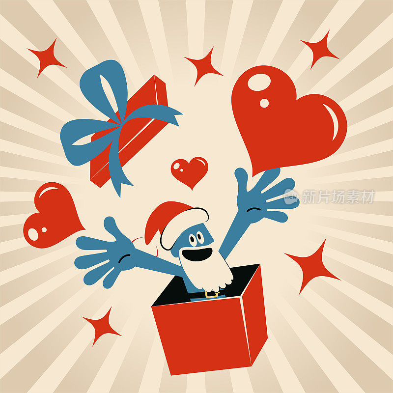 Cute blue Santa Claus springing from an open gift box and showing love heart symbols